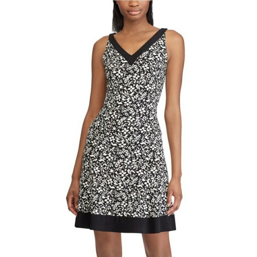 Chaps Black and White Floral Dress Petite Large